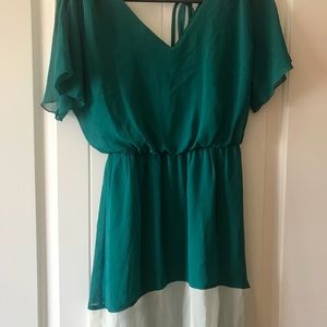 Green/teal and white high low dress. V-neck.